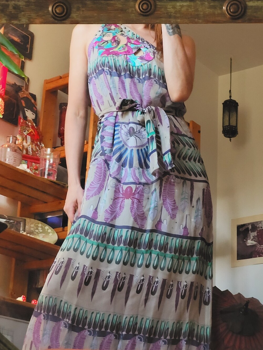 Custo Barcelona Y2k 100% Silk Cyber Rave Print Maxi One Sleeve Dress - Size 2